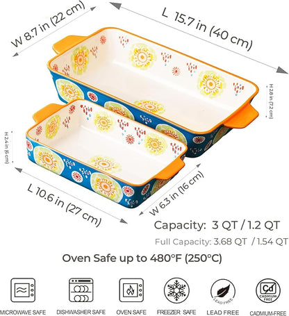 Ceramic Baking Dish Set of 2, 3QT & 1.2QT Stoneware Casserole Dishes for Oven, Rectangular Bakeware with Handles, Oven Safe 480°F, Microwave Dishwasher Safe, Lasagna & Brownie Pan - Ocean Blue