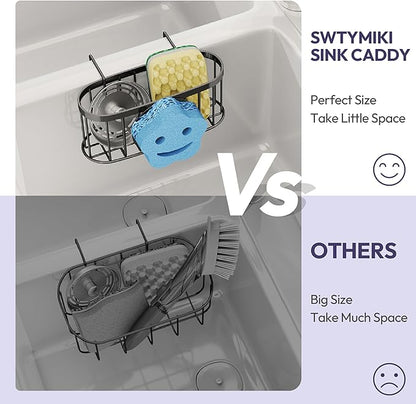SWTYMIKI Sponge Holder for Kitchen Sink - Movable Sink Caddy with Smiley Face Sponge Holder, Rustproof Hanging Sponge Organizer in Double Bowl Sinks Depth>3.15in, Middle Divider<1.5in, Black