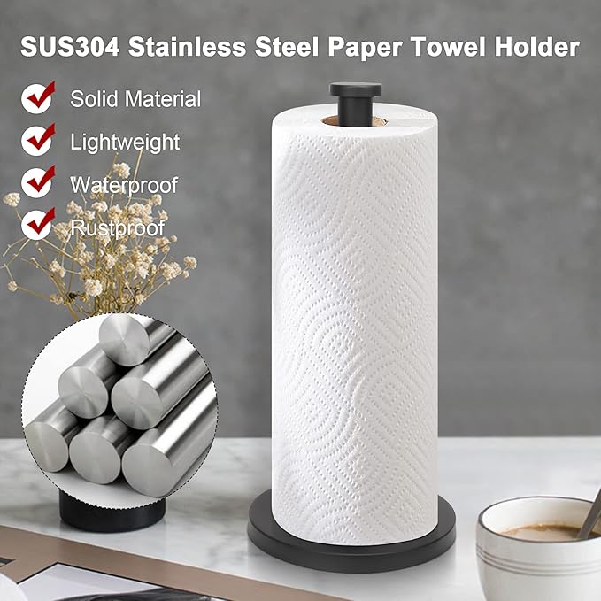 NearMoon Standing Paper Towel Holder, Kitchen Paper Towel Tissue Holder- for Bathroom Countertop, Standard or Jumbo-Sized Roll Paper (with Stainless Steel Base, Matte Black) - Image 3
