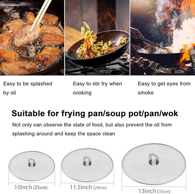 Splatter Screen for Cooking - Stainless Steel Grease Splatter Guard for Frying Pan, No Cooking Oil Mess No Burns, Ultra Fine Mesh Lids Set of 3(10", 11.5", 13") - Image 2
