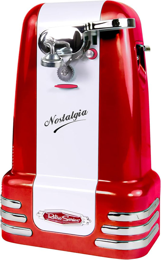 Nostalgia Retro Electric Can Opener for Kitchen with Magnetic Lid Remover, Knife Sharpener, and Soda or Beer Bottle Opener, Red