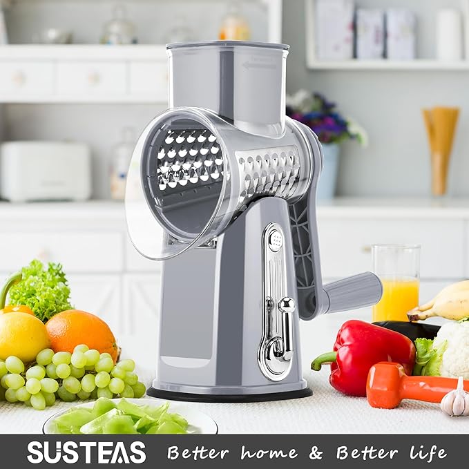 SUSTEAS Rotary Cheese Grater with Handle - Vegetable Shredder with 5 Well-designed Blades & Strong Suction Base,Round Mandoline Slicer & Food Chopper for Kitchen,with Blade Storage Box(Gray) - Image 7