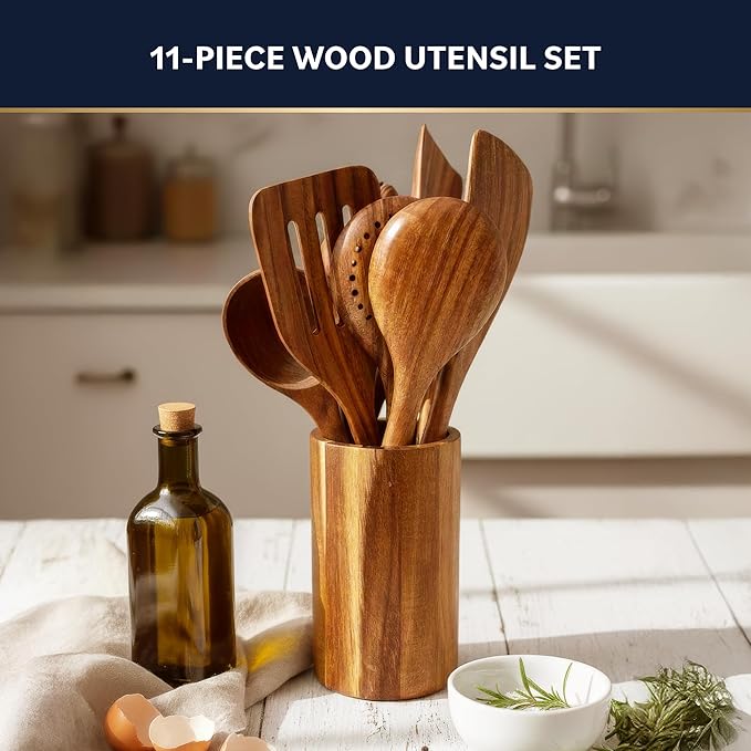 Home Hero Wooden Utensil Set 11 Pcs – Natural Teak Wooden Kitchen Utensils Set with Sturdy, Easy-to-Clean Wooden Spoons for Cooking – Non-Scratch Teak Cooking Utensils (11 pcs) - Image 2