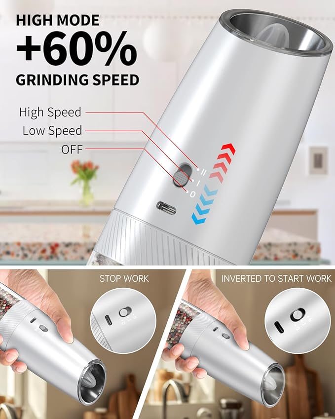 CIRCLE JOY 2-Speed Gravity Electric Pepper Grinder, Rechargeable Salt Grinder Pepper Mills, Adjustable Coarseness, White LED Light, 135ML Large Capacity, Silver - Image 3