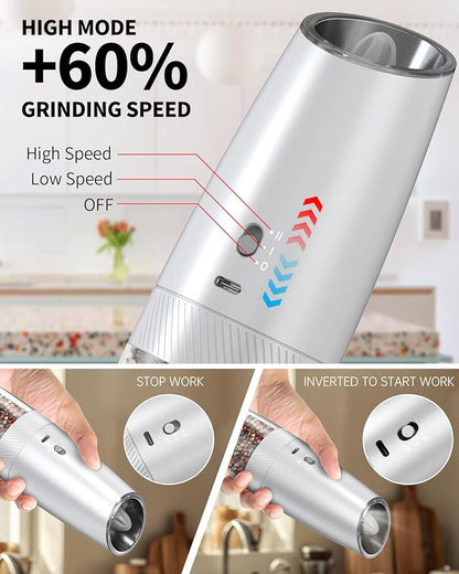 CIRCLE JOY 2-Speed Gravity Electric Pepper Grinder, Rechargeable Salt Grinder Pepper Mills, Adjustable Coarseness, White LED Light, 135ML Large Capacity, Silver - Image 3