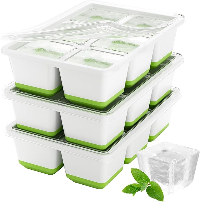 Optish Large Ice Cube Molds, 3 Pack Whiskey Square Ice Molds, 1.8 Inch Big Ice Cube Tray, Stackable Cocktail Ice Tray with Lid, Easy to Release (Green) by Optish