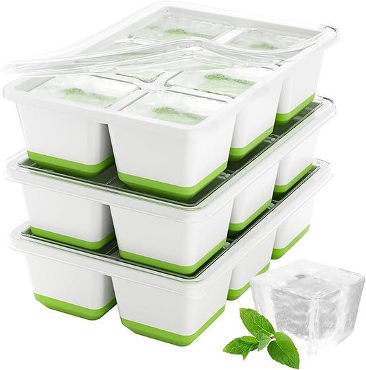 Optish Large Ice Cube Molds, 3 Pack Whiskey Square Ice Molds, 1.8 Inch Big Ice Cube Tray, Stackable Cocktail Ice Tray with Lid, Easy to Release (Green) by Optish