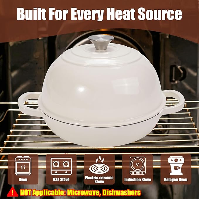 6QT Enameled Cast Iron Dutch Oven for Bread Baking – Sourdough Starter Kit with Cotton Basket, Bread Sling, Lame, Brush & Handle Cover – Multi-Purpose Pot for Baking, Frying, Braising – White