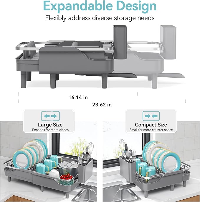 Urackify Expandable Dish Rack for Kitchen Counter, 16.14"-23.62" Large Stainless Steel Dish Drying Rack with Adjustable Water Spout, Space Saving Dish Drainer with Auto Draining Cutlery Holder,Grey - Image 2