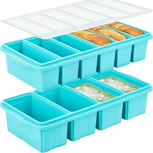Silicone Freezer Tray With Lid-Soup Freezer Container molds-Large Ice Cube Tray Set Makes 1-Cup & 1/2-Cup portions cubes Perfect for preparing meals in different portion sizes Oven & Dishwasher -Safe