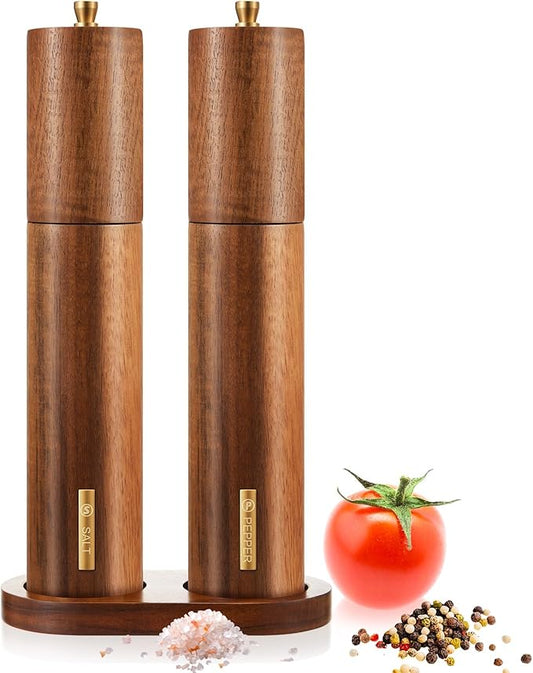 Wooden Salt and Pepper Grinder Set 11.8 Inch Manual Salt and Pepper Mill with Tray Adjustable Coarseness and Refillable Wood Grinders with Gold Bottle Label for Kitchen(Wood Color) by LOYIM