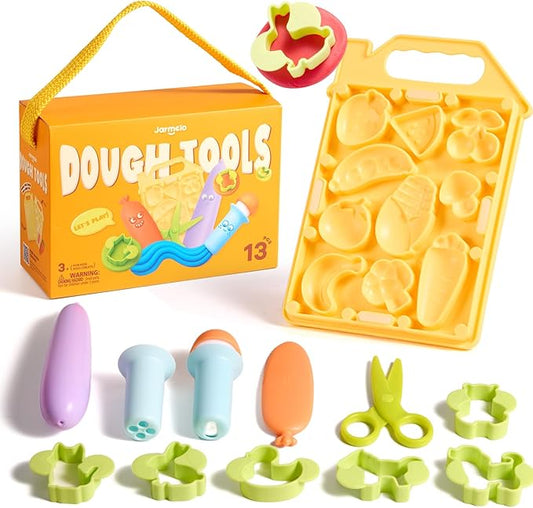 Jar Melo Dough Tool Set, 13 Pcs Farm Dough Tools for Kids Ages 2+, Dough Accessories Includes Cutters, Roller, Safety Scissors, Animal Molds and Veggie Board. Preschool Arts & Crafts Toy