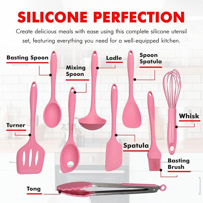 Chef Craft - Premium Silicone Kitchen Tools and Utensils Set, Non-Scratch, Withstands Temperatures up to 450°F, BPA-Free, 9 Piece Cooking Utensils Set, Pink - Image 4