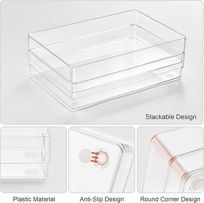 SMARTAKE 6 PCS Clear Plastic Drawer Organizers Set, Large Size Non-Slip Desk Drawer Organizer, Versatile Bathroom and Vanity Drawer Organizer Trays for Makeup, Bedroom, Office, Kitchen Utensils