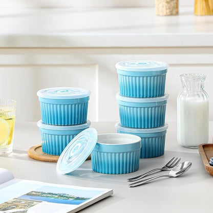 vancasso 6 oz Ramekins with Lid, Porcelain Creme Brulee Souffle Dishes, Blue Pudding Custard Cups Ramiken for Baking, Dishwasher and Oven Safe, Set of 6 - Image 6