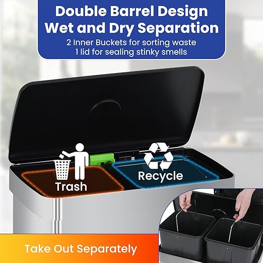 PayLessHere Dual Compartment Recycling Trash Can with Removable Buckets, 60L Stainless Steel Foot Pedal Trash Can with Soft-Close Lid for Home, Kitchen, Office, Bathroom. - Image 5