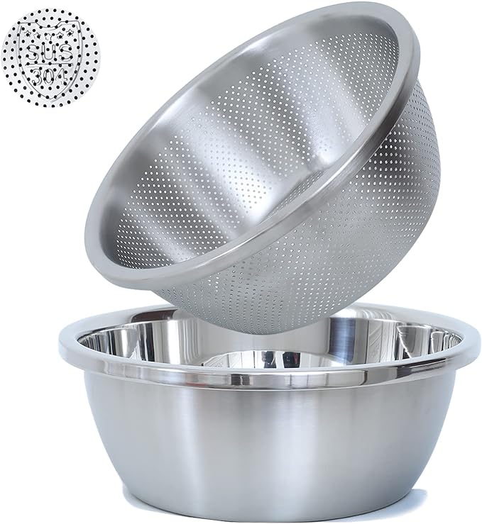 304 Stainless Steel Microporous Colander, 1.5QT Large Capacity with Mixing Bowl For washing vegetables, fruit and rice and for draining cooked pasta(2PC) by Paoli