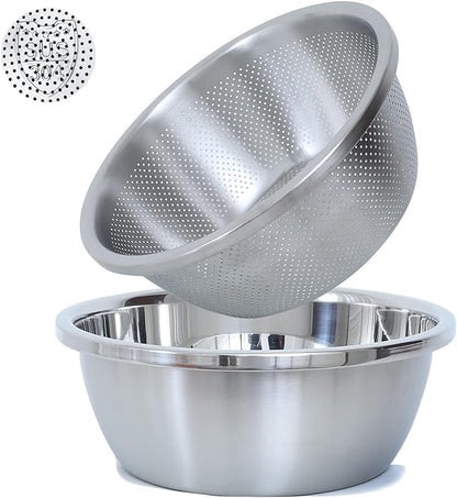 304 Stainless Steel Microporous Colander, 1.5QT Large Capacity with Mixing Bowl For washing vegetables, fruit and rice and for draining cooked pasta(2PC) by Paoli