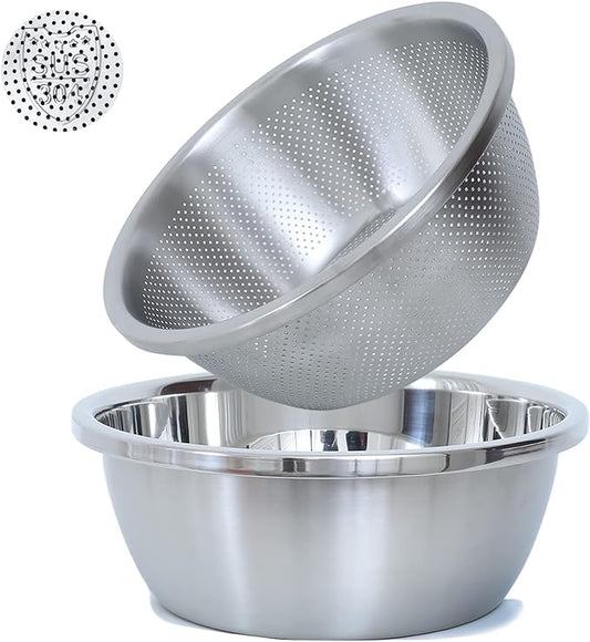 304 Stainless Steel Microporous Colander, 2.5QT Large Capacity with Mixing Bowl For washing vegetables, fruit and rice and for draining cooked pasta(2PC) by Paoli