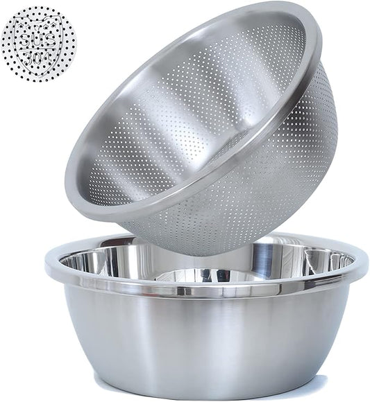 304 Stainless Steel Microporous Colander, 4.5QT Large Capacity with Mixing Bowl For washing vegetables, fruit and rice and for draining cooked pasta(2PC) by Paoli