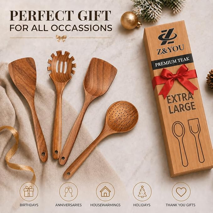 Extra-Large 4-Piece Teak Wooden Utensil Set – Non-Stick Wooden Spatula for Cooking, Skimmer Spoon & Spaghetti Spoon – Non Toxic Cooking Utensils - Image 7