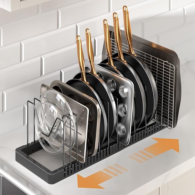 PanPanPal Pots and Pans Organizer under Cabinet, Expandable Pot Lid Organizer Holder with 12 Adjustable Compartment, Pan Organizers inside Cabinet for Lids, Bakeware, Kitchen Storage Pot Rack, Black - Image 8