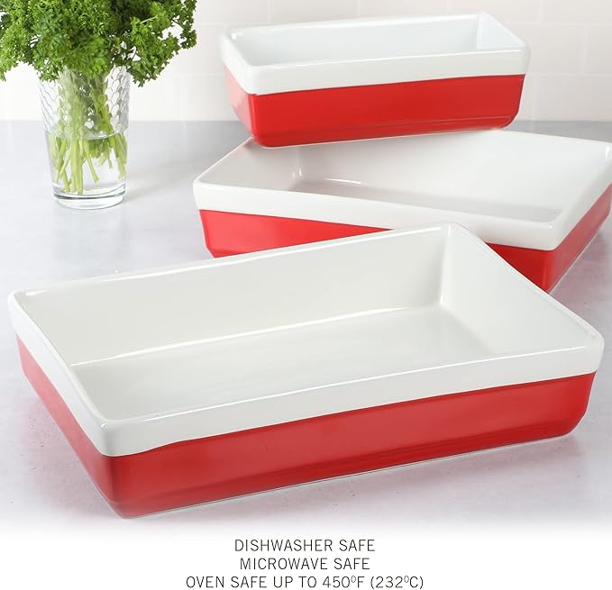 MARTHA STEWART 3-Piece Oven to Table Stoneware Bakeware Set – Baking Dish & Casserole Set – Red – Durable Oven-Safe Bakeware for Baking and Serving - Image 5