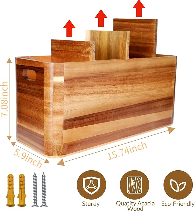 Wooden Kitchen Utensil Holder Organizer for Counter or Countertop, Large Wooden Utensil Holder for Storage Cooking and Silverware with 4 Compartment, Acacia Rustic Wood Container Extra Large - Image 2
