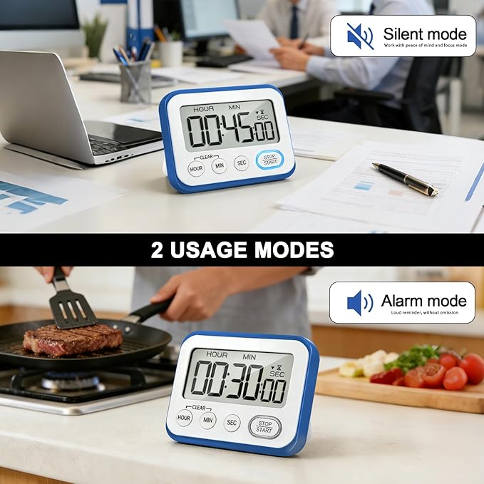 Digital Kitchen Timer Magnetic Loud Alarm, Large LCD Screen Silent/Beeping Multi-Function for Teachers Classroom Kids, Blue - Image 5