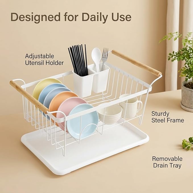 Dish Racks for Kitchen Counter, Thickened Metal Dish Drying Rack with Wooden Handles, Kitchen Countertop Organizer for Dishes, Spoons and Forks, No Assembly, White, 18.7''*12.6''*5.51'' - Image 5