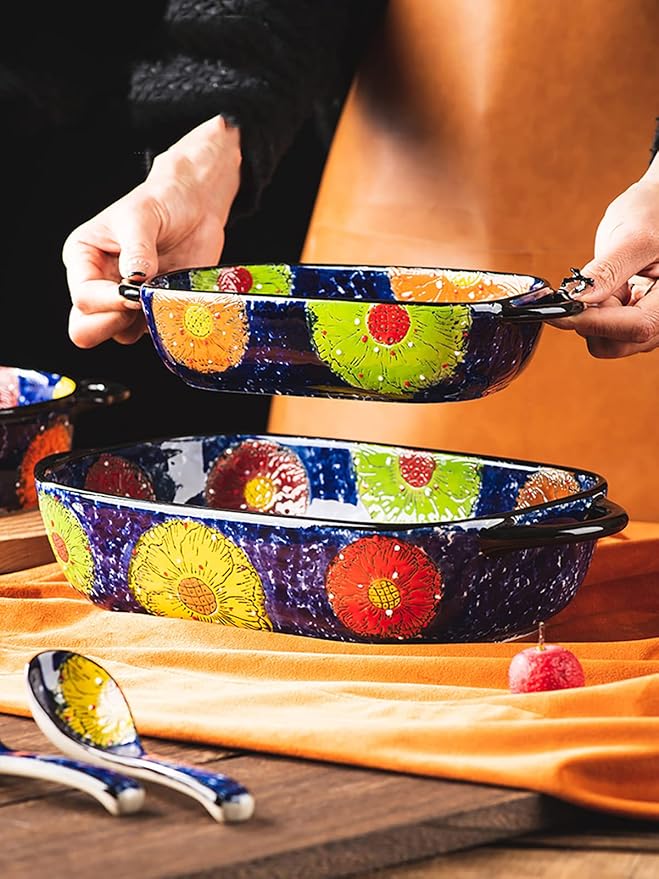 Vintage Style Pottery Bakeware Colorful Daisy Pattern Ceramic Casserole Dish Baking Pan Lasagna Pans Baking Dish with Handles from Oven to Table Plate-1 PCS, 22 OZ - Image 3