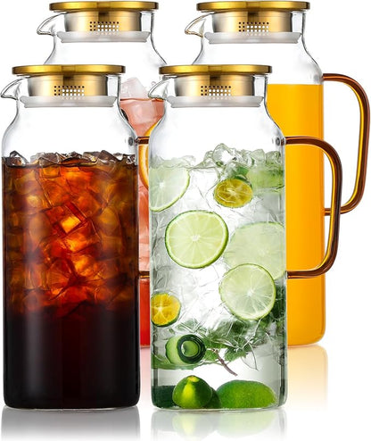 4 Pack 2 Liter/68 oz Glass Pitcher with Lid, Water Pitchers with Handle for Fridge, Large Jug for Iced Tea, Coffee, Borosilicate Glass Carafe for Hot/Cold Brew Drink and Homemade Beverage, Gold by Unknown