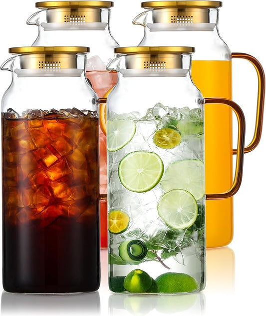 4 Pack 2 Liter/68 oz Glass Pitcher with Lid, Water Pitchers with Handle for Fridge, Large Jug for Iced Tea, Coffee, Borosilicate Glass Carafe for Hot/Cold Brew Drink and Homemade Beverage, Gold by Unknown