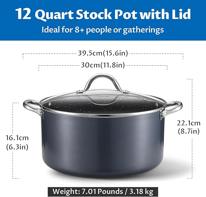 BEZIA 12 Quart Cooking Pot, Large Non Stick Induction Stock Pots with Lid, All Stove Compatible, 12 QT Aluminum Soup/Stew Pot For Big Gatherings, Grey - Image 2