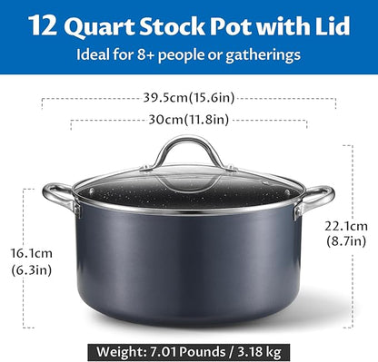 BEZIA 12 Quart Cooking Pot, Large Non Stick Induction Stock Pots with Lid, All Stove Compatible, 12 QT Aluminum Soup/Stew Pot For Big Gatherings, Grey - Image 2