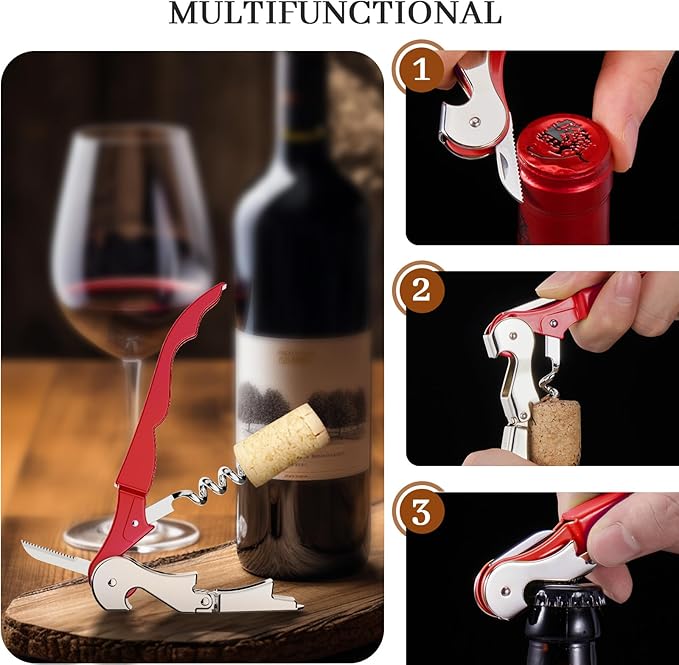 HYZ 2-Pack Wine Opener Waiter Corkscrew, Professional Wine Key for Servers, Bartender with Foil Cutter, Manual Wine Bottle Opener Double Hinged (Red) - Image 5