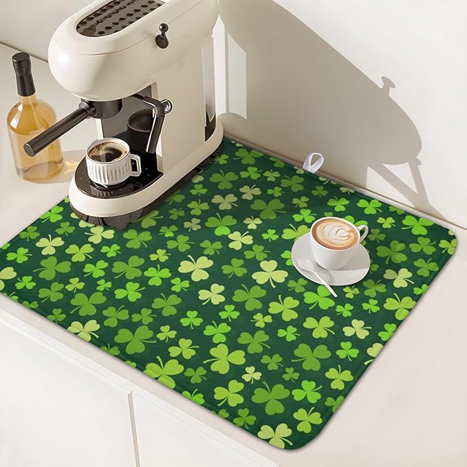 St. Patrick's Day Dish Drying Mat for Kitchen Counter,Irish Green Shamrocks Clover Leaves Drying Mat 16 x 18 Inch with Absorbent Reversible Microfiber Dish Drying Pad for Coffee Bar - Image 7