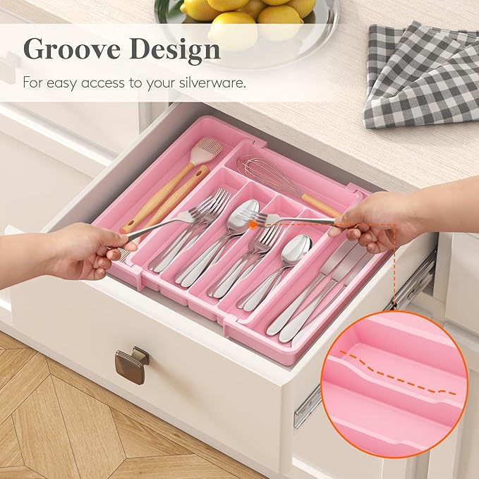 Lifewit Silverware Drawer Organizer, Expandable Utensil Tray for Kitchen, BPA Free Flatware and Cutlery Holder, Adjustable Plastic Storage for Spoons Forks Knives, 8.5"-14.1" x 12.1", Pink - Image 7