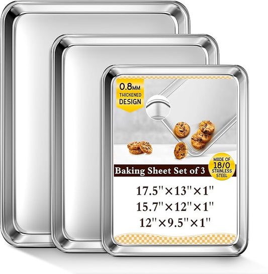 Baking Sheet Set of 3, Commercial Grade Stainless Steel Cookie Sheets for Baking, 12/16/17.5 Inch, Thicker and Firmer Baking Pans Set, Rust & Warp Resistant & Nonstick, Nontoxic&Heavy Duty&Easy Clean by Unknown