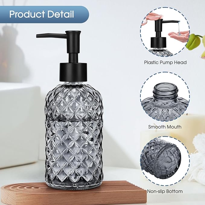 Topsky Gem Glass Soap Dispenser with Black Plastic Pump, 13oz Liquid Hand Soap Dispenser, Rustproof Pump for Kitchen & Bathroom, Great for Lotions, Essential Oil, Liquid Soaps-Gray - Image 4
