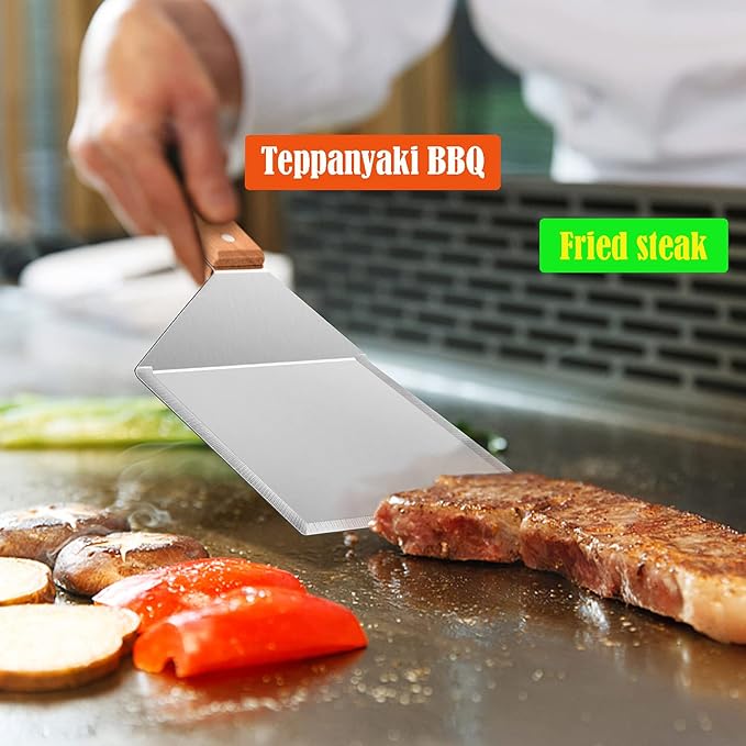 Wooden Metal Spatulas 2Pcs, HaSteeL Professional Griddle Spatula Tools Set, Hamburger Turner Pancake Flipper Perfect for Teppanyaki Flat Top BBQ Grilling Kitchen Cooking Indoor & Outdoor - 2 Hooks