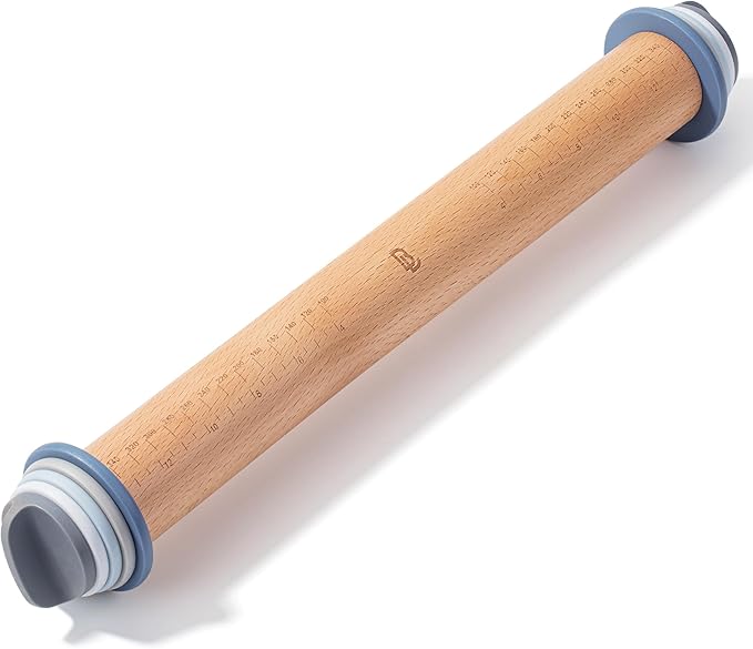 BAMBOO LAND- Adjustable Rolling Pin with Thickness Rings for Baking, 13.8", 4 Pastel Colored Thickness Rings (2-10 mm or 1/16"-3/8"), Wood Rolling Pins for Baking, Bread, Pizza Doughs by BAMBOOLAND