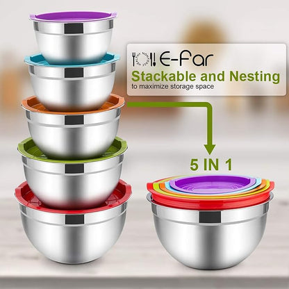 E-far Mixing Bowls with Lids Set of 5, Stainless Steel Mixing Bowls Metal Nesting Bowls with Airtight Lids, Non-toxic & Dishwasher Safe, Great for Cooking, Baking, Serving - Size 0.7/1/1.5/3/4.6QT - Image 7