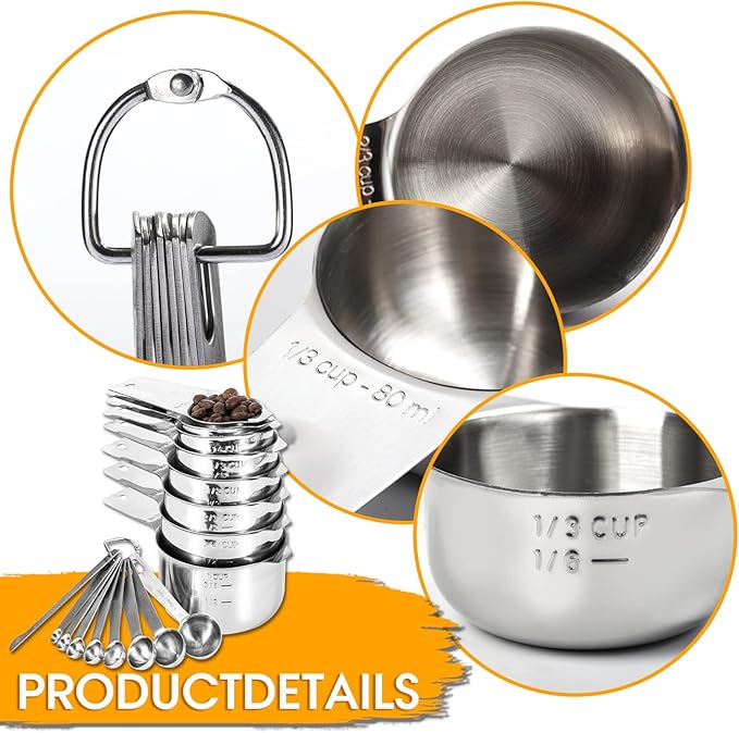 17 Piece Stainless Steel Measuring Cups and Spoons Set, with 1/16 Cup,1/3 Spoon and 1 Leveler - Image 5