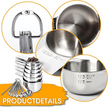 17 Piece Stainless Steel Measuring Cups and Spoons Set, with 1/16 Cup,1/3 Spoon and 1 Leveler - Image 5