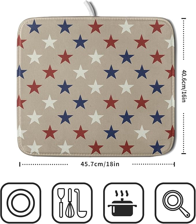 Patriotic July of 4th Blue Red White Star Dish Drying Mat for Kitchen Counter 16x18 Independence Day Absorbent Reversible Microfiber Drying Mats Kitchen Countertop Protector Dishes Drainer Rack Pad - Image 2