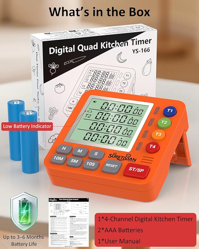 Digital Kitchen Timer for Cooking - 4 Channel Count Up Countdown Timer with Loud Alarm and Silent Mode, Large Display, Magnetic Back, Auto Memory for Classroom Study Gym, Battery Included (Orange) - Image 8