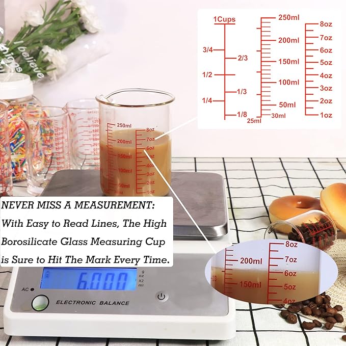 Ackers High Borosilicate Glass Measuring Cup Set with Pour Spout,60ml(2OZ),120ml(4OZ), 250ml(8OZ) Glass Measuring Beaker for Kitchen or Restaurant, Easy to Read - Image 7