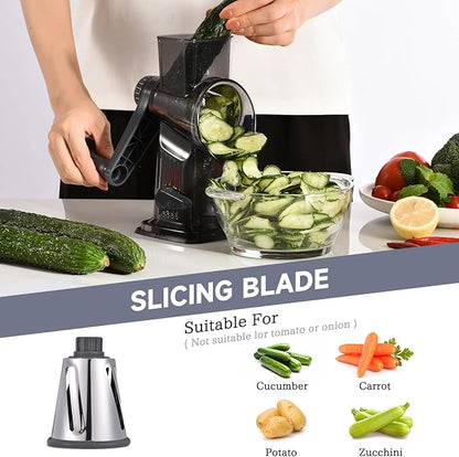 Rotary Cheese Grater with Handle Kitchen Shredder Slicer Grater Slicer Ice Shaver Cheese Vegetable Nuts Potato Zucchini Chocolate 3 Interchangeable Blades (Dark Grey TSP) - Image 4