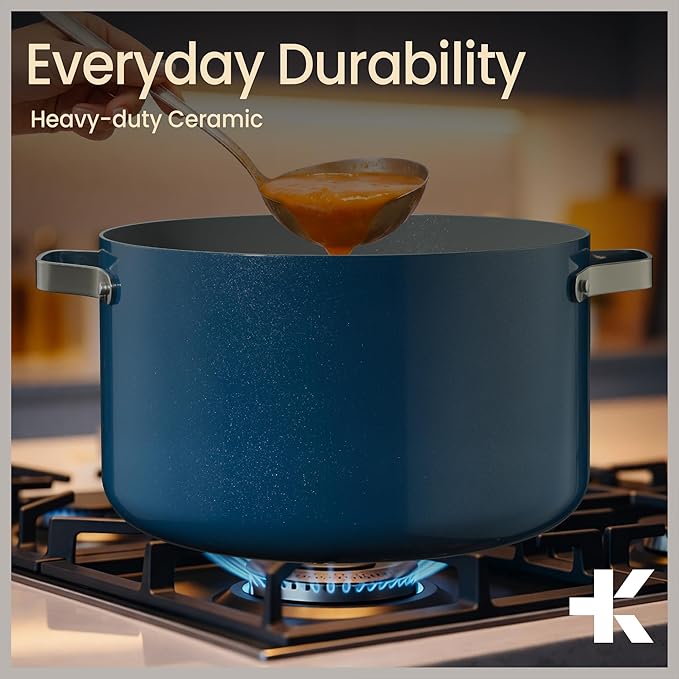 Bakken 8.5 Quart Ceramic Coated Stock Pot with Lid, Easy Clean Nonstick Pot, Tempered Glass Lid, Riveted Stainless Steel Handles, Oven Safe Up To 500°F, PTFE & PFAS Free, All Stove Compatible, Blue - Image 7